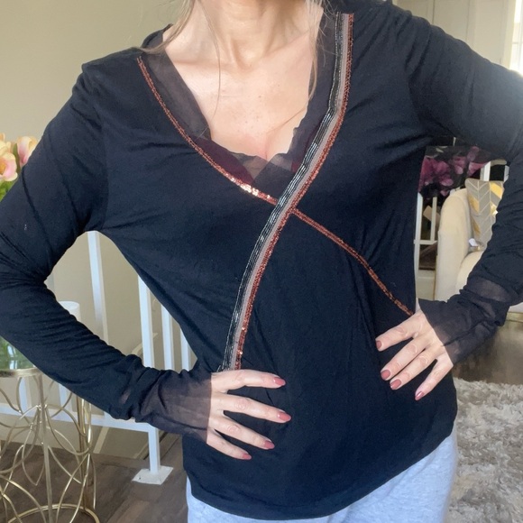 Marella Long Sleeve Black Sequin Pattern Sheer V Neck Trim Soft Top Tee Shirt XL - Picture 1 of 11